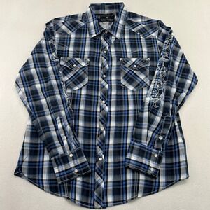 Pop Icon Clothing Buckle Mens Western Snap Shirt Blue Plaid Cross Embroidered L